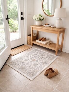 Badgley Mischka Washable Rug 20x30 Blue Vintage Medallion Accent